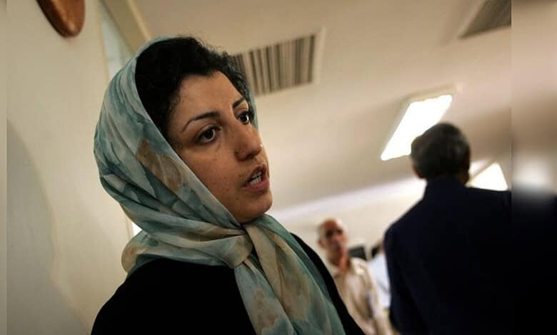 Narges Mohammadi, Iranian Nobel Peace Prize laureate and human rights activist, speaks during an event.