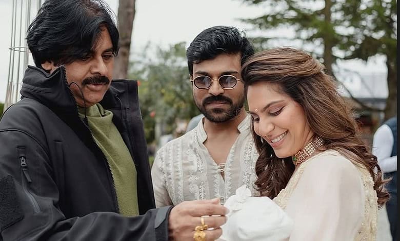 Ram Charan and Upasana with their newborn twins outdoors.