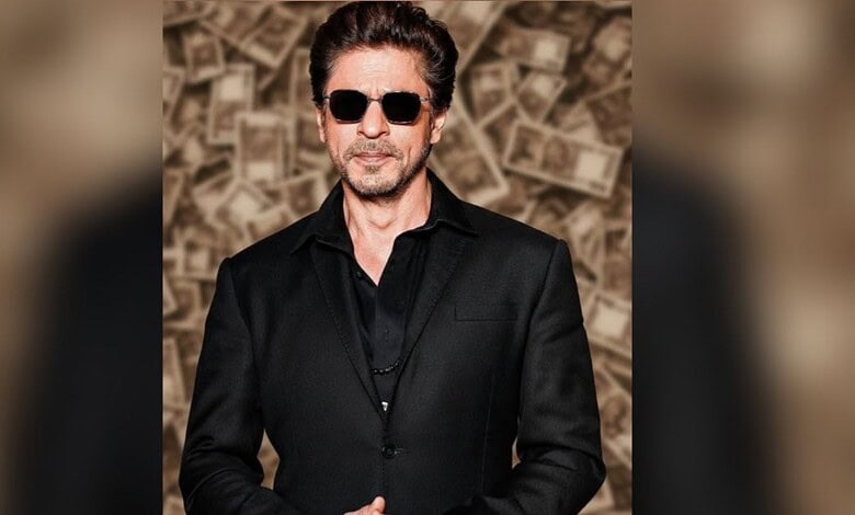 SRK with sunglasses in front of money background, reflecting his financial comeback after losses.