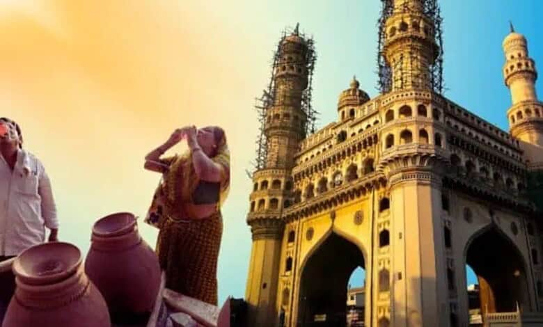 The image shows people near Hyderabad's iconic Charminar during sunset, highlighting the start of rising temperatures and upcoming rains in late February.
