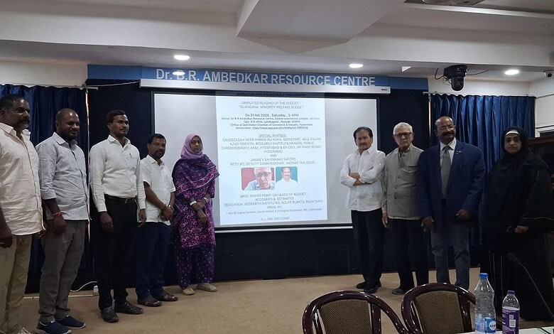 A group of attendees pose at the Dr. B.R. Ambedkar Resource Centre during a roundtable discussion on the Telangana Minority Welfare Budget.
