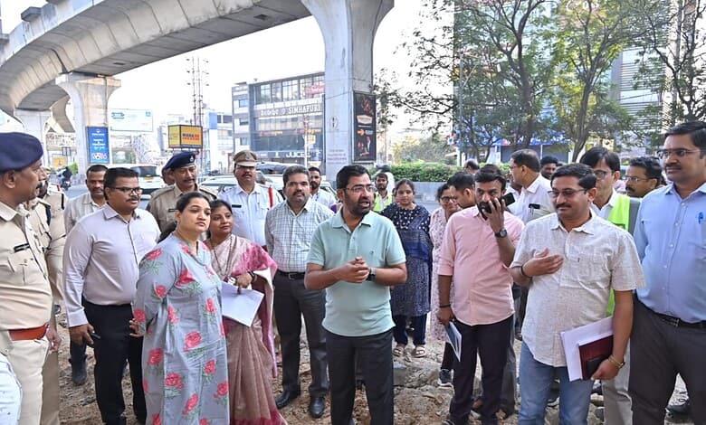 Officials inspect road widening works at Hitech city