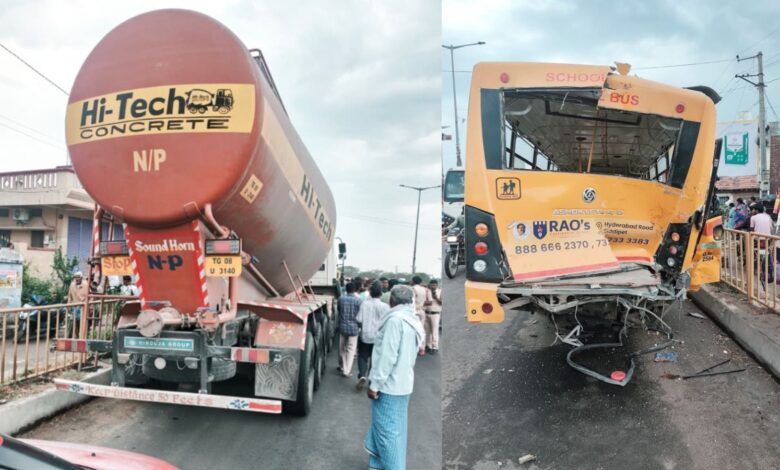 The cement mixer and the damaged bus