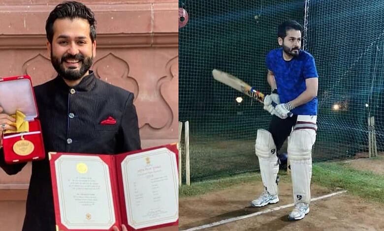 Male cricketer turned Bollywood director holding award and certificate, practicing cricket at night with.