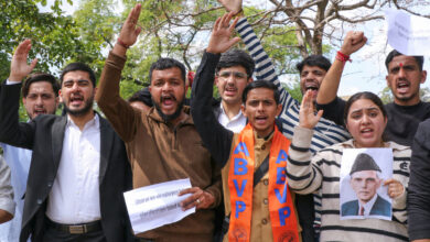 Akhil Bharatiya Vidyarthi Parishad (ABVP) members stage a protest against the inclusion of a chapter on Mohd Ali Jinnah in the PG Political Science course, at Jammu University