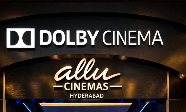 Entrance sign of Allu Cinemas in Hyderabad, showcasing Dolby Cinema branding.