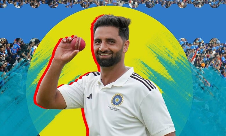 Auqib Nabi celebrating with cricket ball, highlighting his fast bowling talent for Indian cricket team.