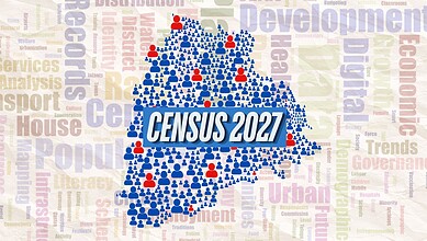 Map of Telangana with census data icons for 2027 in Hyderabad and districts.