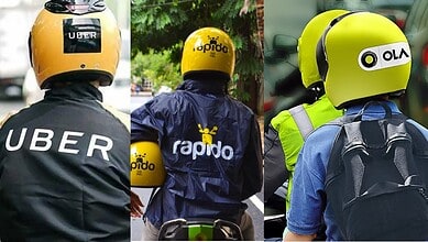 Image of delivery drivers in helmets representing ride-hailing platforms Uber, Ola, and Rapido.