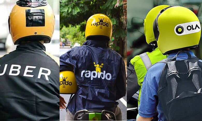 Image of delivery drivers in helmets representing ride-hailing platforms Uber, Ola, and Rapido.