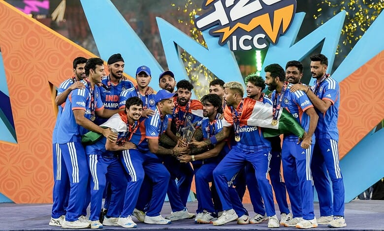 India cricket team celebrating ICC T20 World Cup victory with trophy.