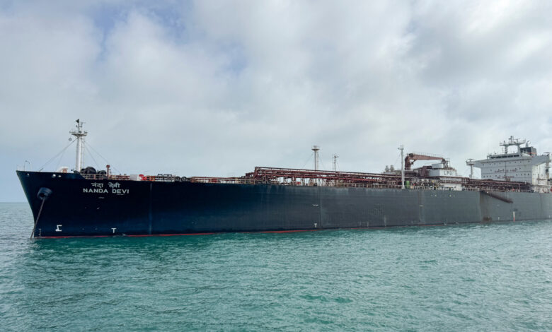Indian-flagged LPG carrier Nanda Devi, carrying 46,500 MT LPG for ship-to-ship transfer, arrives at Vadinar port, in Gujarat