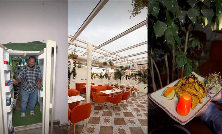 Secret rooftop café in Hyderabad concealed behind a fridge door, offering a unique dining experience and.