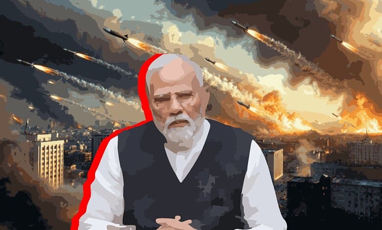 Indian Prime Minister Modi amid missile strikes and city destruction during conflict.