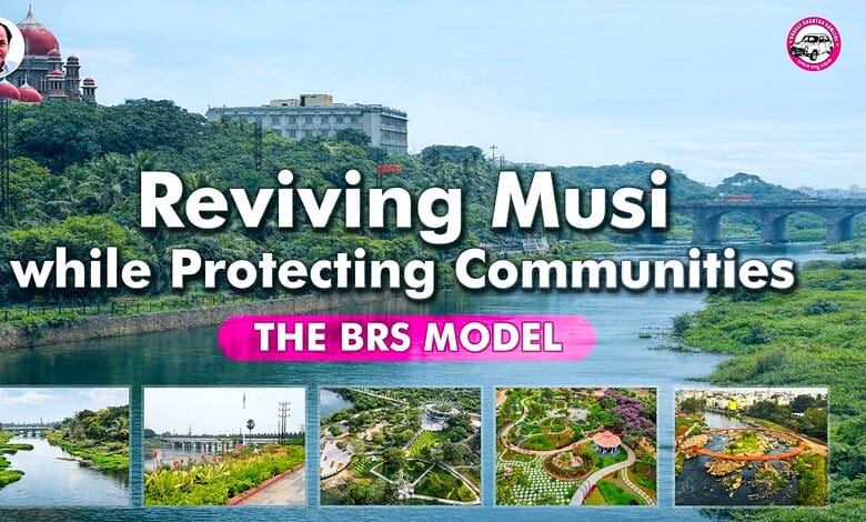 Aerial view of Musi River with greenery and urban landscape, highlighting community-led river conservatio.