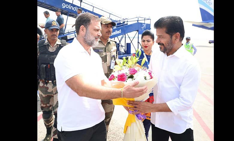 Rahul Gandhi arriving in Telangana for Congress training programme, exchanging flowers with a party membe.