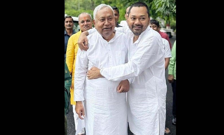 Bihar leaders Nitish Kumar and Nishant at JD(U) joining event in Patna.