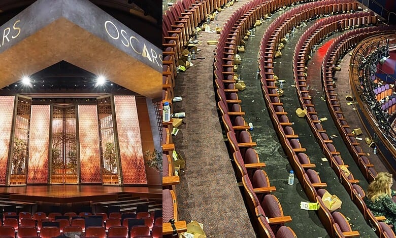 View of the Oscars 2026 auditorium with littered seats after the event.