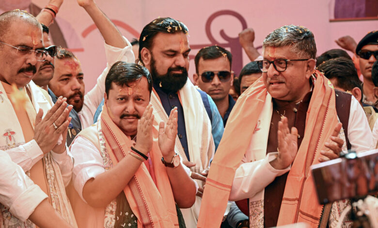 Patna BJP National President Nitin Nabin with Bihar party President Sanjay Saraogi, party MP Ravi Shankar Prasad, state Deputy Chief Minister Samrat Choudhary and others during 'Holi Milan Samaro