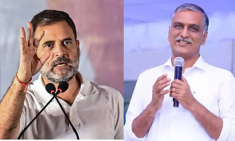 Harish Rao speaking passionately at a political event, addressing Rahul Gandhi about MLA defections and i.