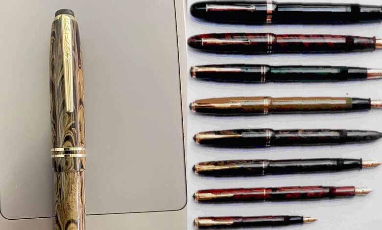 Elegant collection of fountain pens with various designs and colours for writing and calligraphy. Perfect.