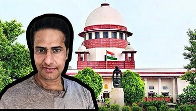 Image of the Supreme Court building with journalist Ravi Nair, related to Adani notice case.