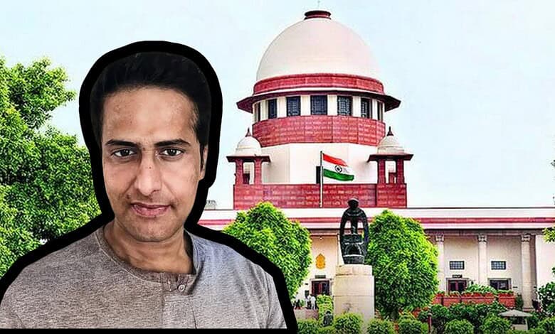 Image of the Supreme Court building with journalist Ravi Nair, related to Adani notice case.