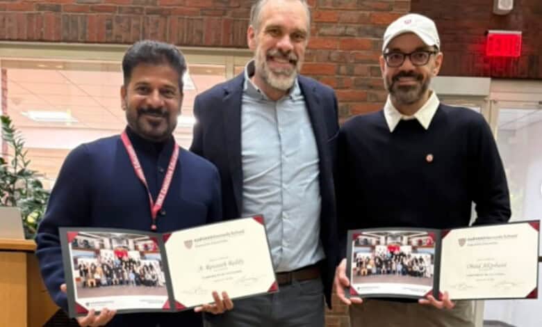 Telangana Chief Minister with officials holding certificates at Harvard programme funded by Education Dep.