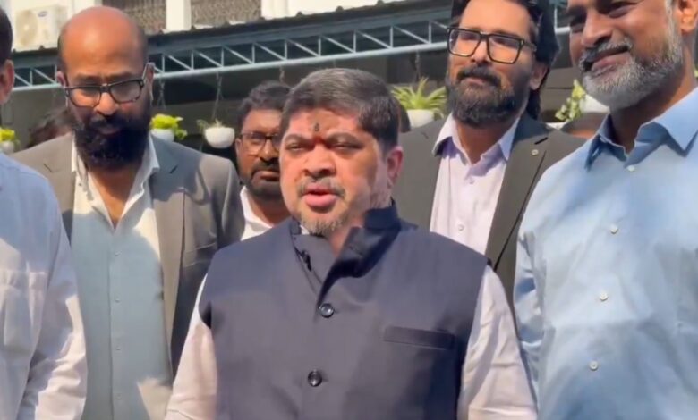 Ponnam Prabhakar addresses the media outside the Telangana Assembly