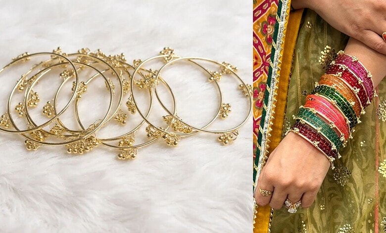 Gold-plated Kashmiri bangles displayed on a white surface, traditional jewelry for Eid festivities.