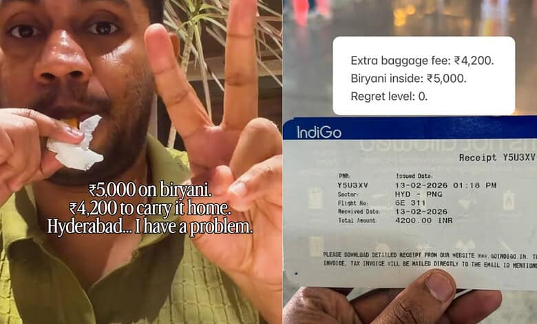 Chef with a peace sign holding a receipt for Rs 4200 for Hyderabadi biryani.