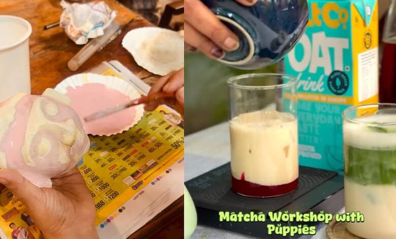 Delicious pink cake and refreshing matcha drinks at a Women's Day event in Hyderabad. Celebrating with sw.