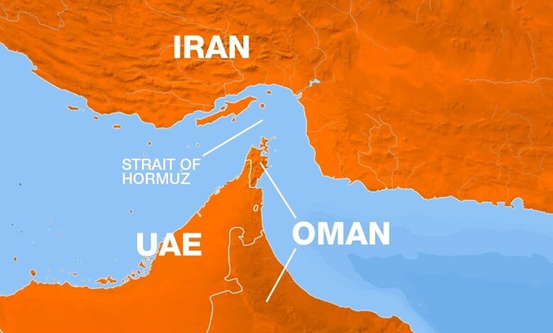 Map showing Iran, UAE, Oman, and the Strait of Hormuz in the Middle East region.