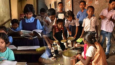 The image depicts students in a Telangana public school facing challenges due to deteriorating infrastructure and limited educational resources.