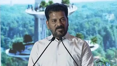 Revanth Reddy speaking at a public event about the Musi Development Plan Report.