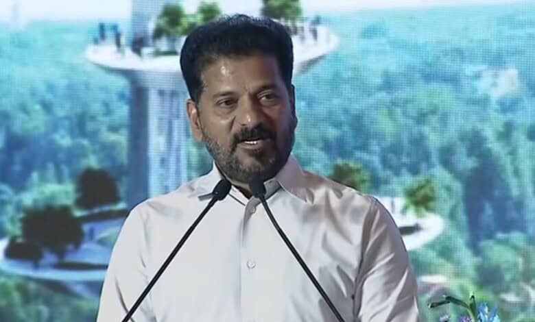 Revanth Reddy speaking at a public event about the Musi Development Plan Report.