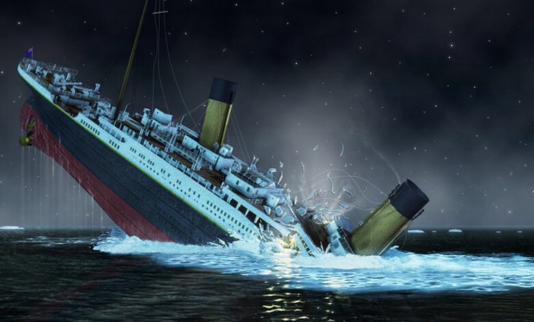 Illustration of the Titanic sinking during a stormy night at sea, highlighting the tragic maritime disast.