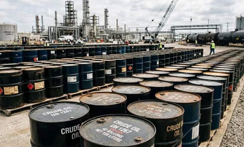 Oil barrels stacked at a refinery or storage facility.