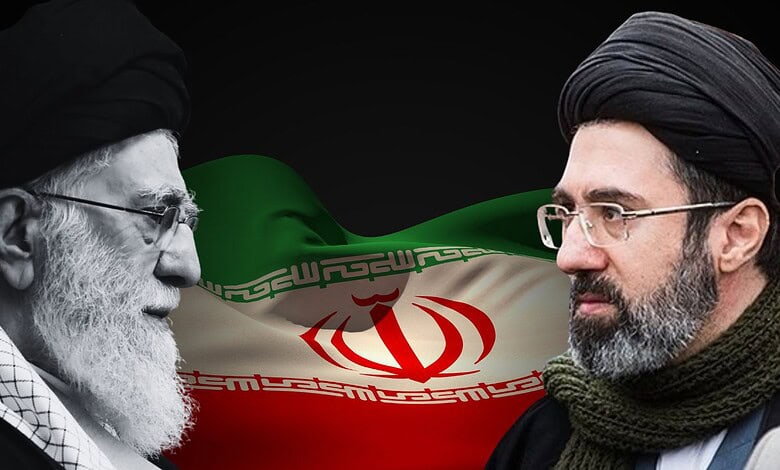 Two Iranian men, one older with a white beard and the other younger, face each other with Iran's flag in.