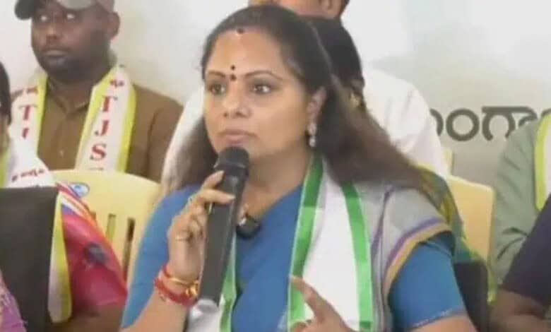 Kavitha speaking at a press conference about launching a new political party in Telangana within two mont.