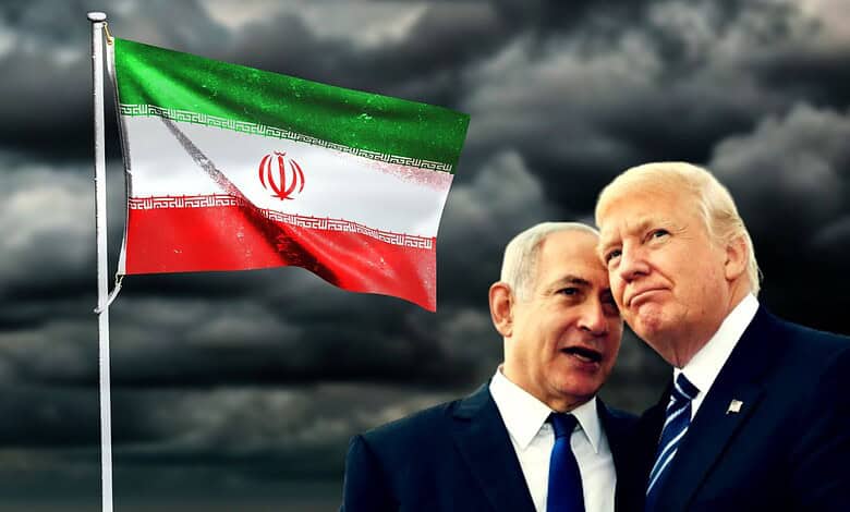 US and Iranian leaders with Iran flag under stormy sky, geopolitical tension.