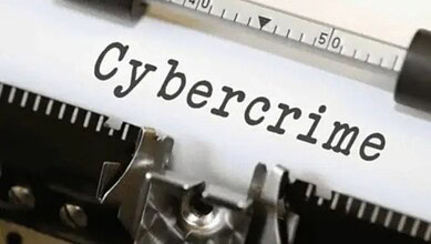 Close-up of the word "Cybercrime" on paper with a ruler and typewriter.