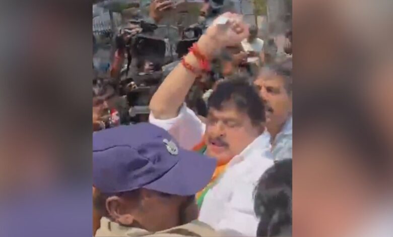 The image shows BJP State President N Ramchander Rao being arrested by the police at Telangana Assembly on Monday, March 23.