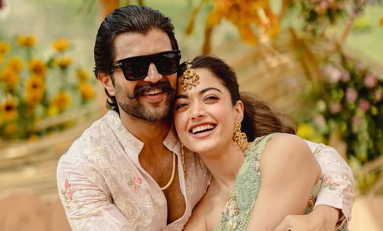 Vijay Deverakonda and Rashmika Mandanna playing Holi during their Haldi ceremony.