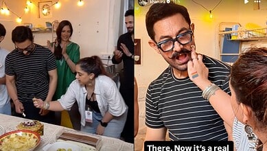 Ira Khan playfully puts cake on Aamir Khan's face during birthday celebration.