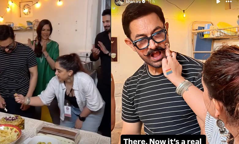 Ira Khan playfully puts cake on Aamir Khan's face during birthday celebration.