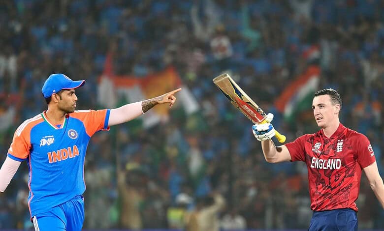 Umpires Gaffaney and Palekar officiate during the India vs England T20 World Cup semifinal match.