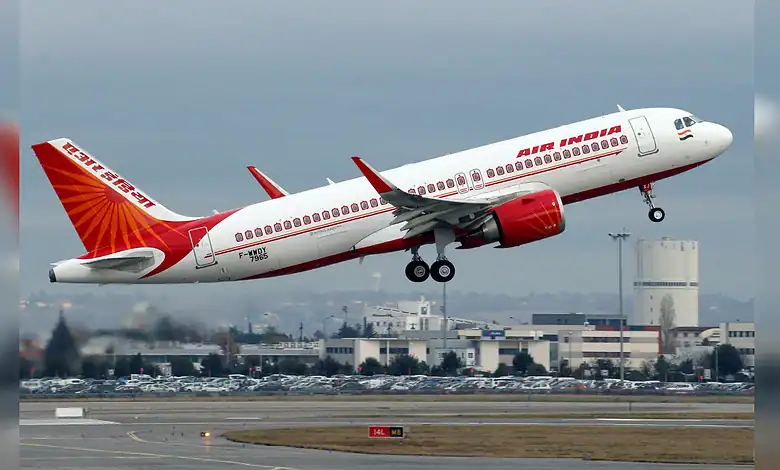 Air India aircraft taking off from runway amid Middle East flight disruptions.