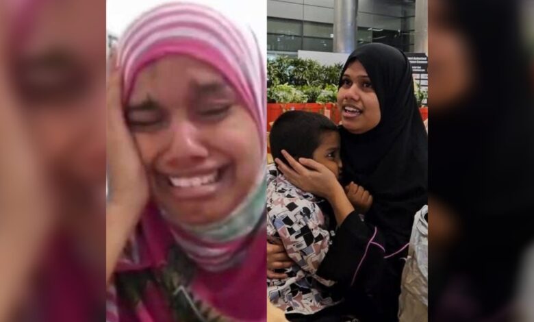 Split image showing Ameena Begum crying during a video call and later embracing her son at Hyderabad airport after returning from the UAE.