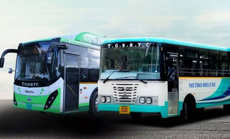 Two Hyderabad Metro buses, a Deluxe and an AC Metro, parked side by side, highlighting fare reduction.